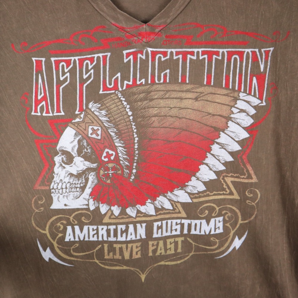 Affliction Indian Head Skull V-Neck Women's Shirt Brown Size XL 18.5x29.5 - Picture 4 of 13